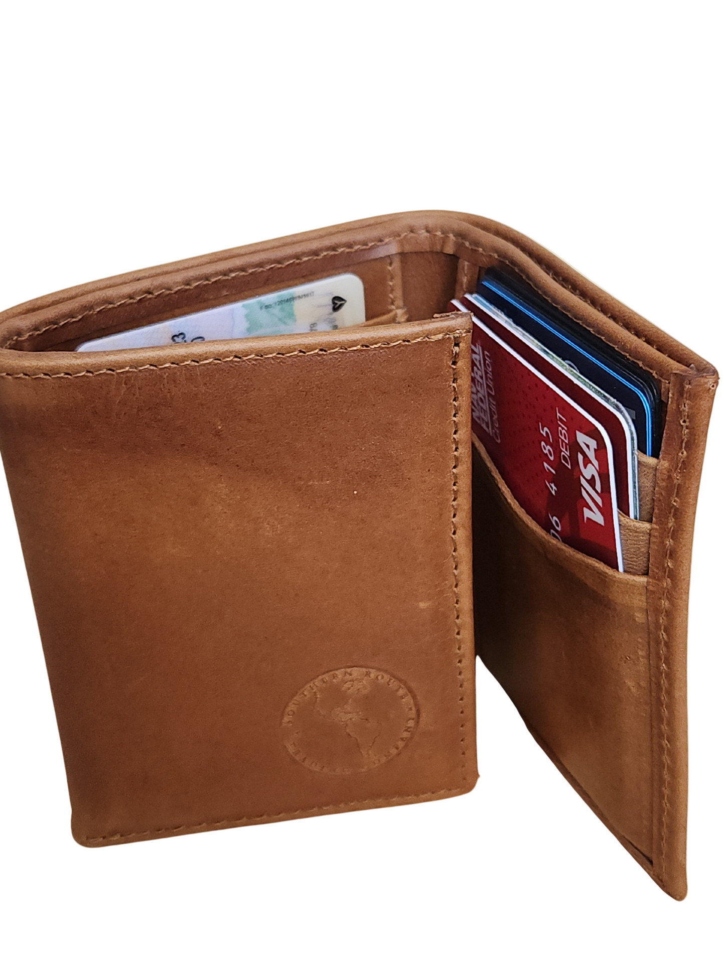Brown leather wallet with cards on a beige background