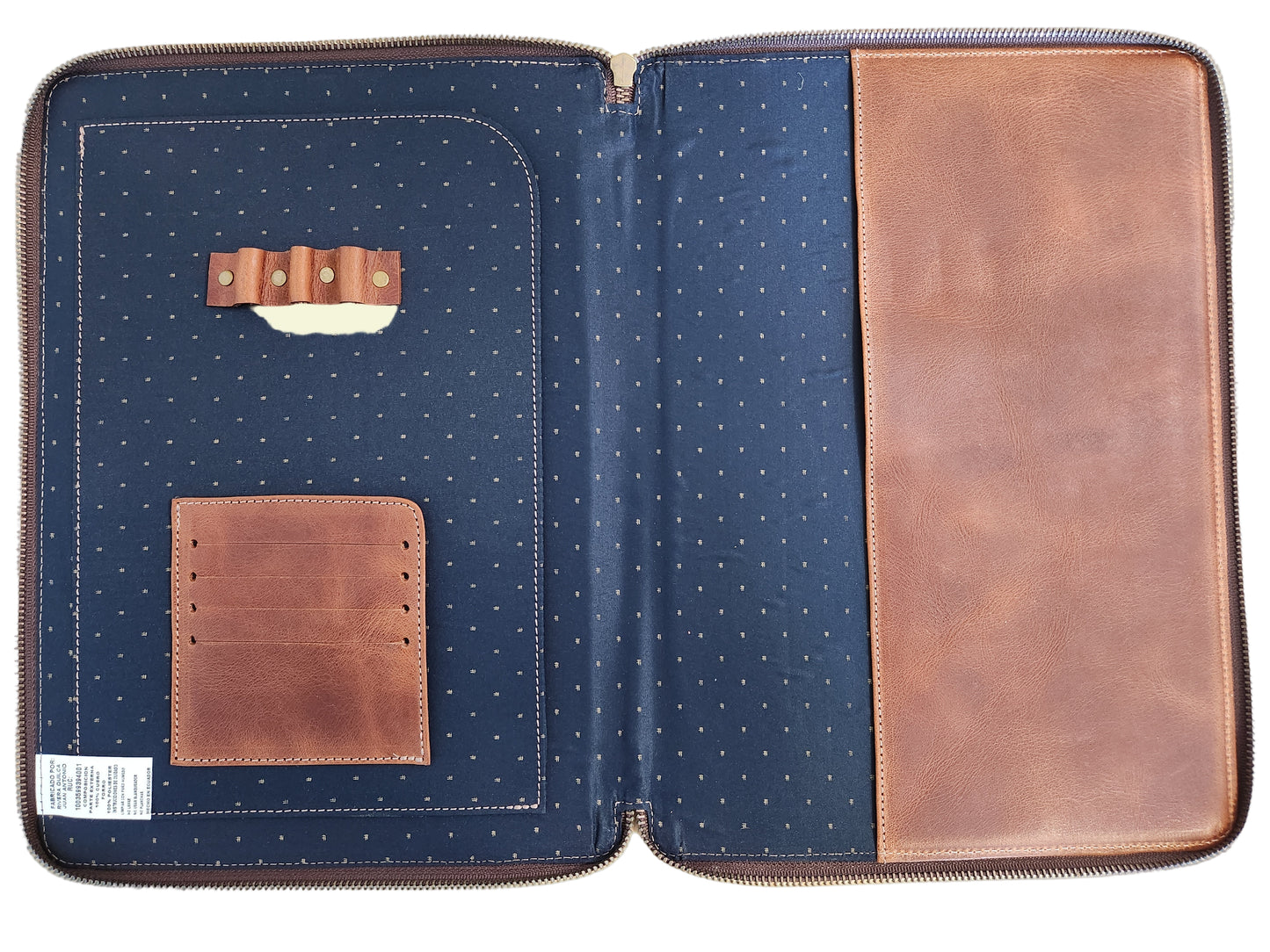 Blue fabric case with brown leather accents on a beige background