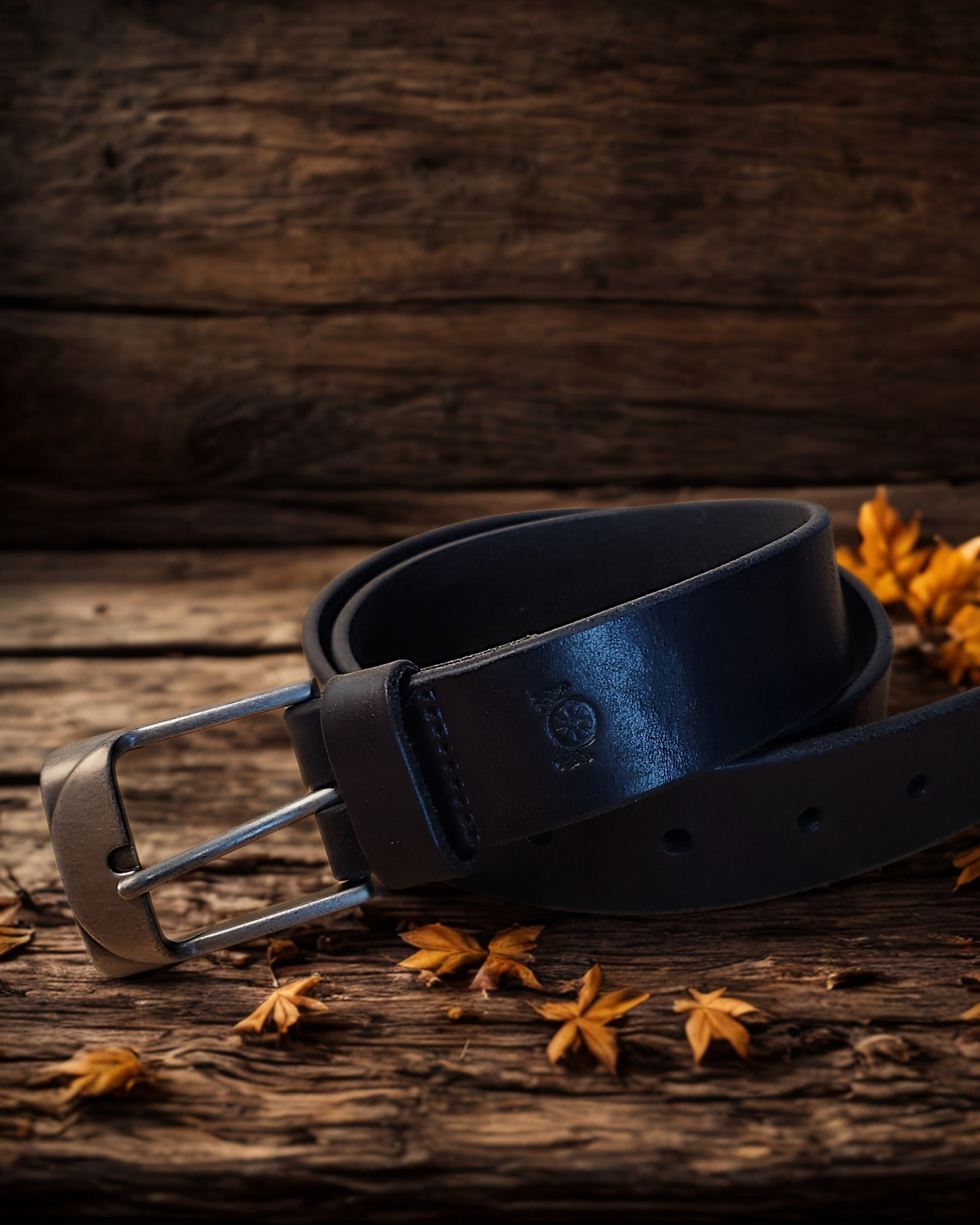 Black leather belt with a silver buckle on a wooden surface with autumn leaves.