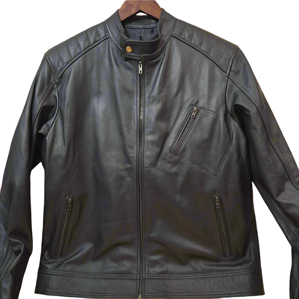 Black leather jacket on a hanger against a white background