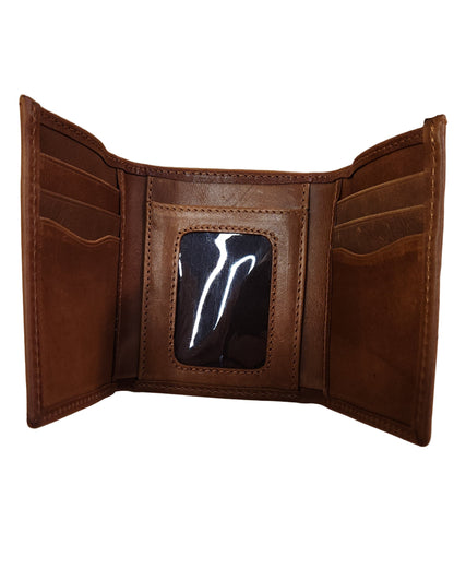 Brown leather wallet on a wooden surface