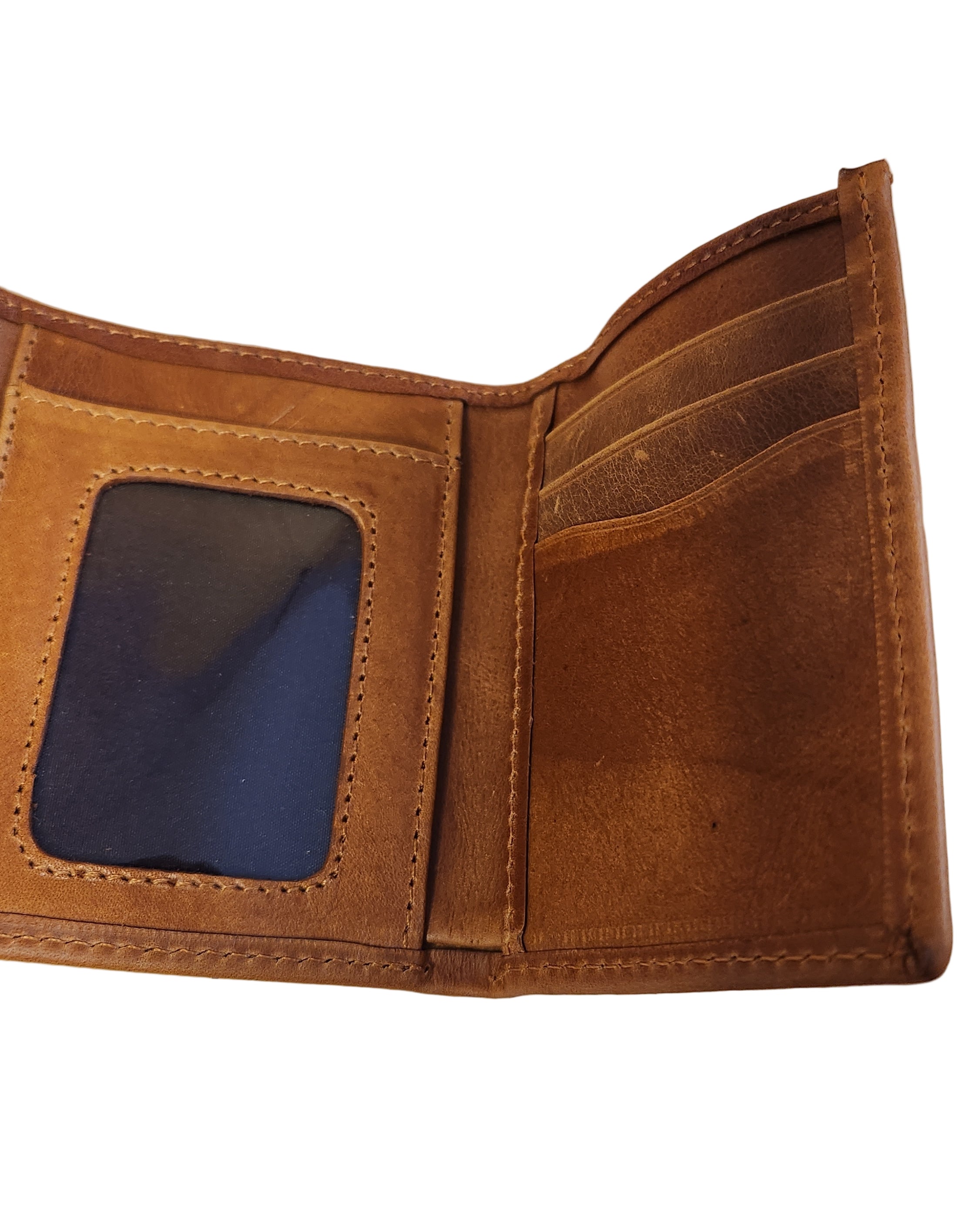 Brown leather wallet with a blue card holder on a beige background