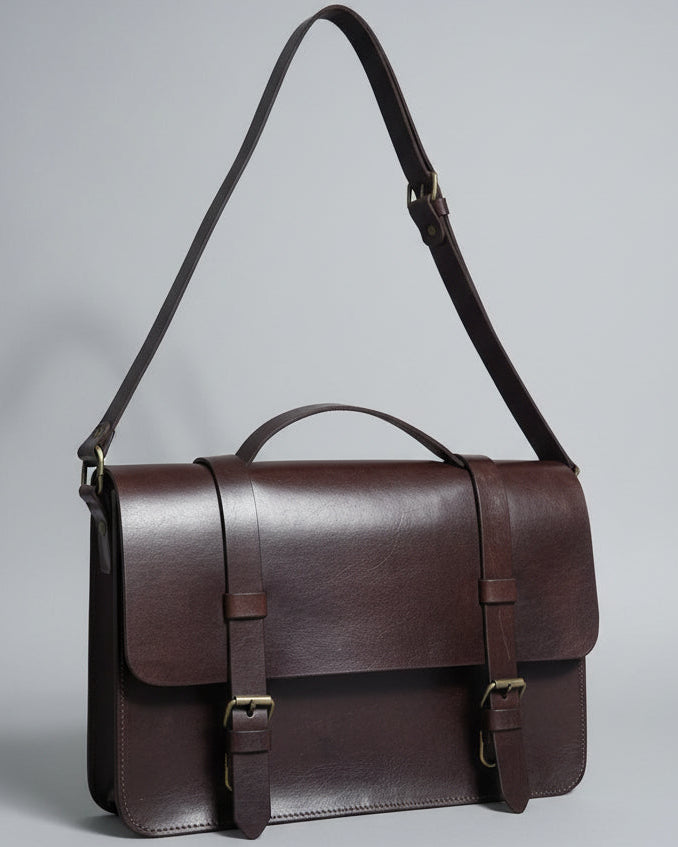 Brown leather bag with straps on a wooden surface