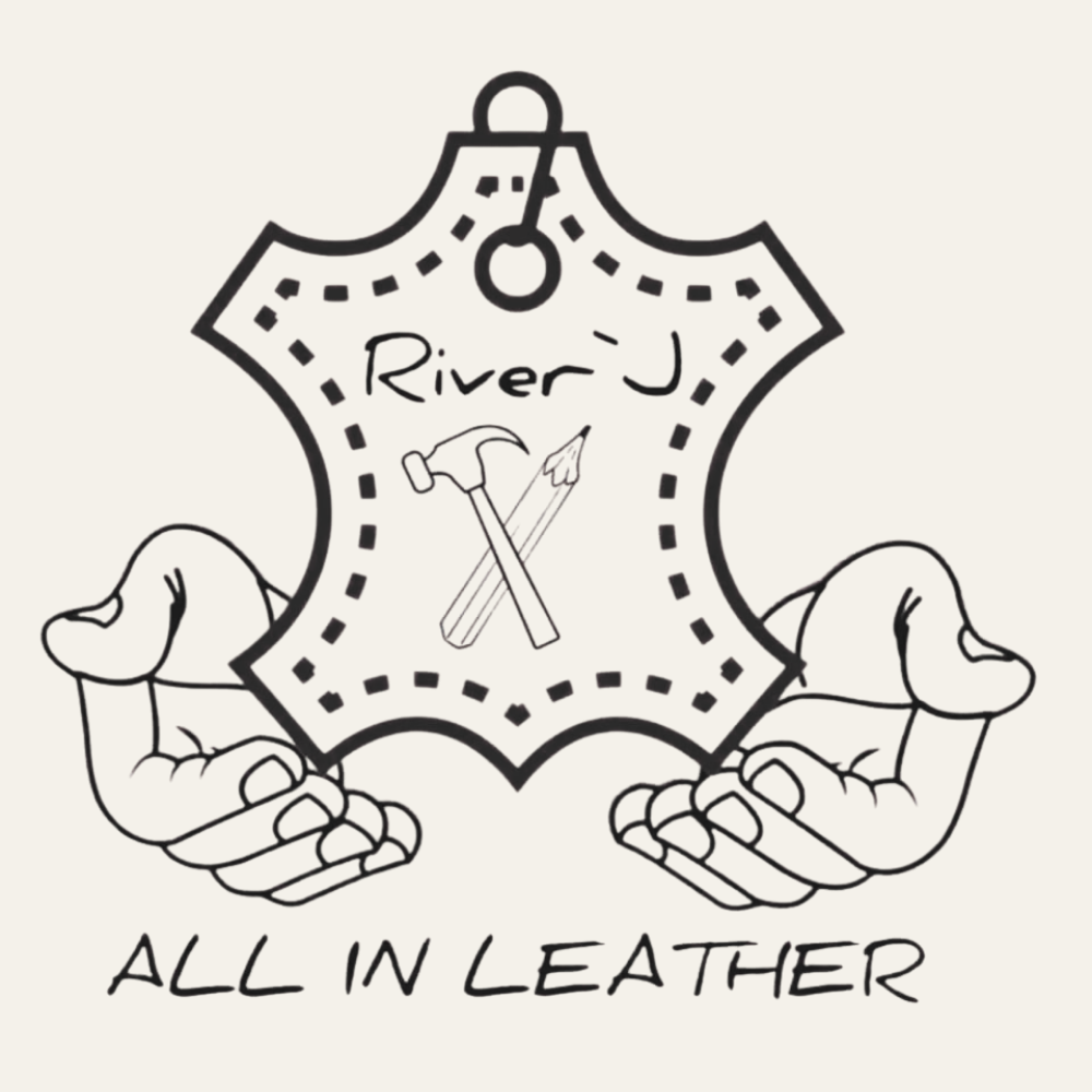 Logo of River J with hands holding a leather product and tools, and 'All in Leather' text.