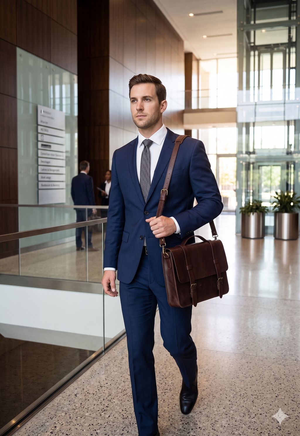 Man in a blue suit walking through a modern building lobby.