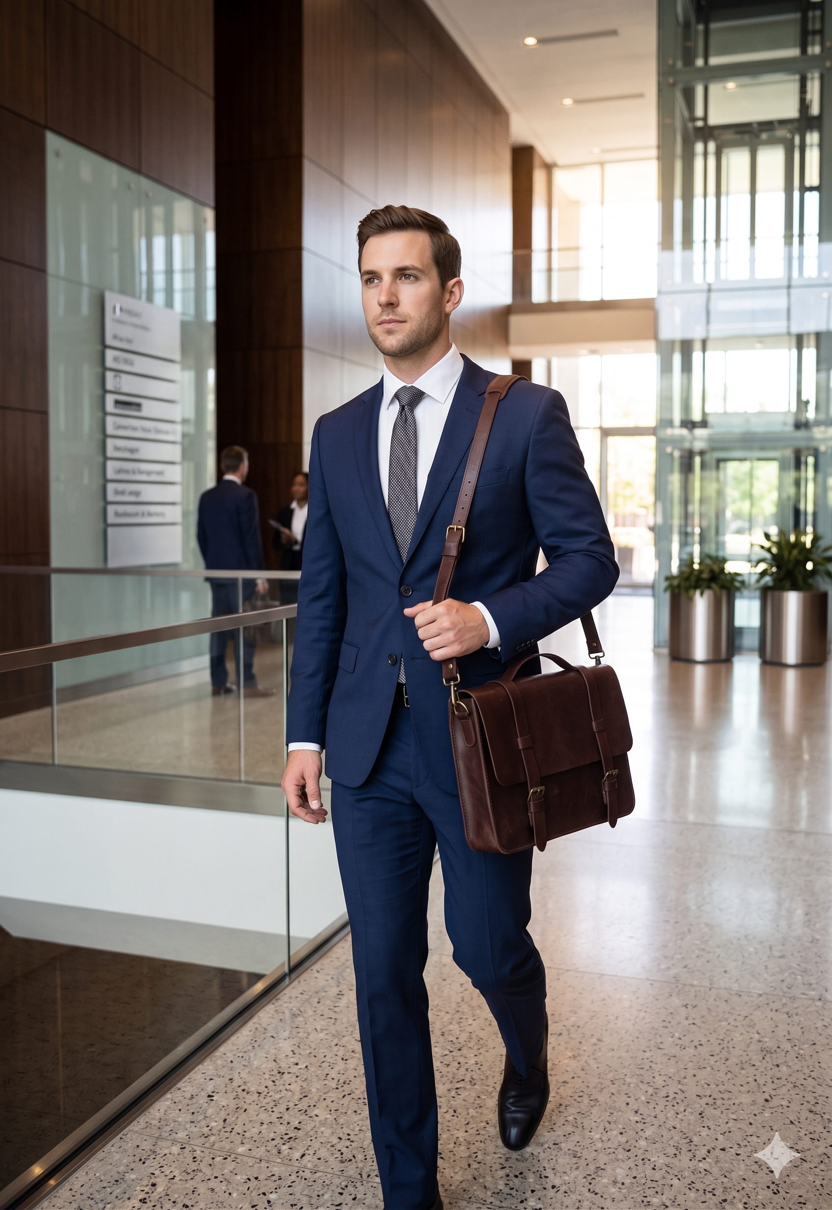 Man in a blue suit walking through a modern building lobby.