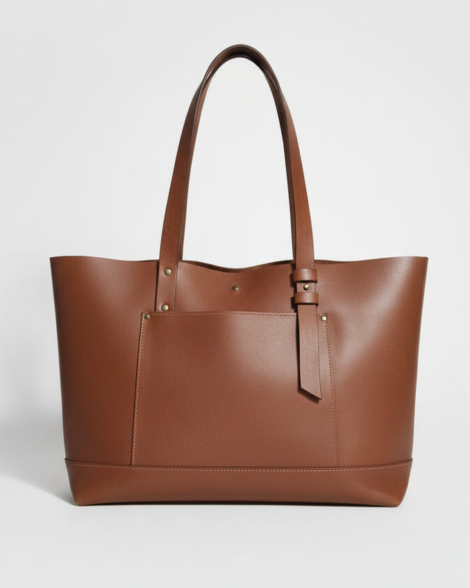 Brown leather bag on a wooden surface