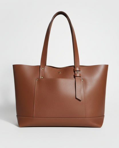 Brown leather bag on a wooden surface