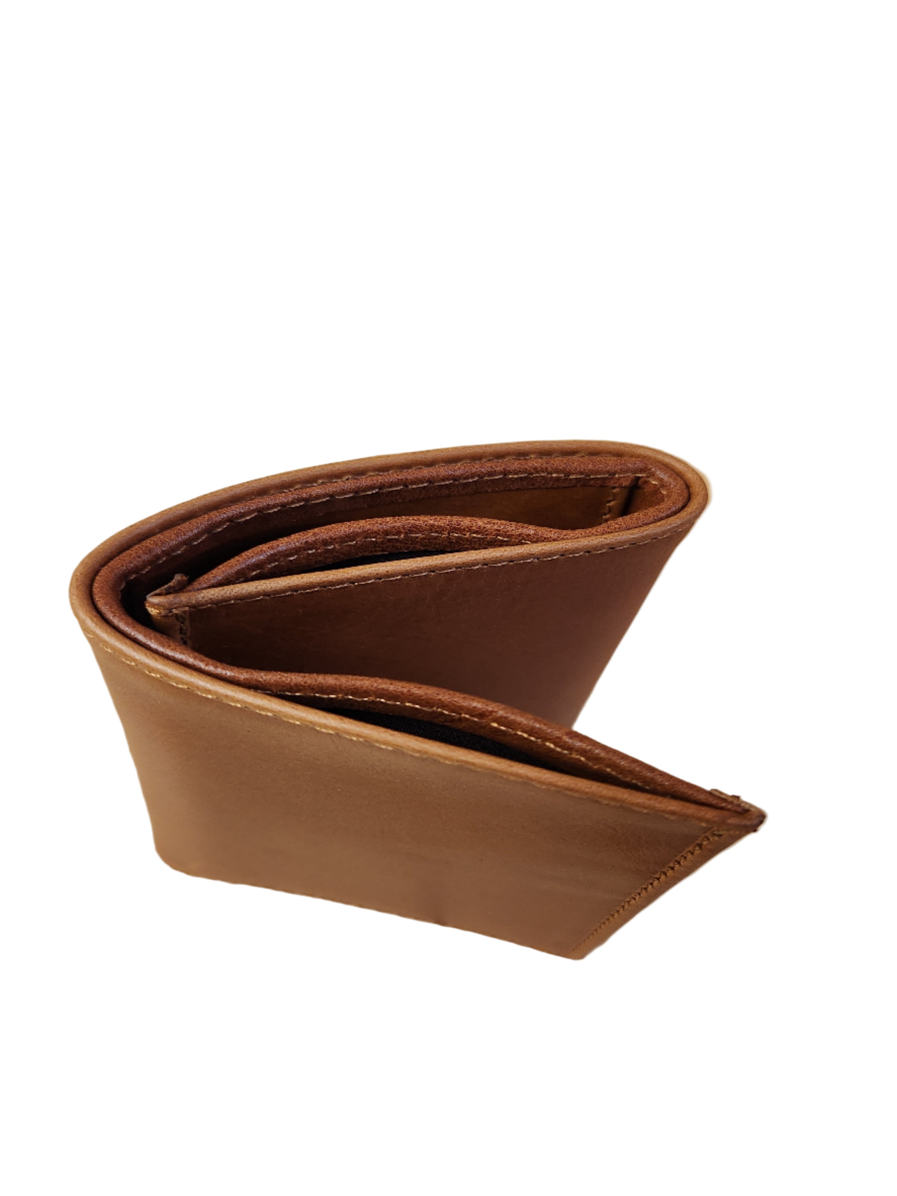 Brown leather wallet on a wooden surface