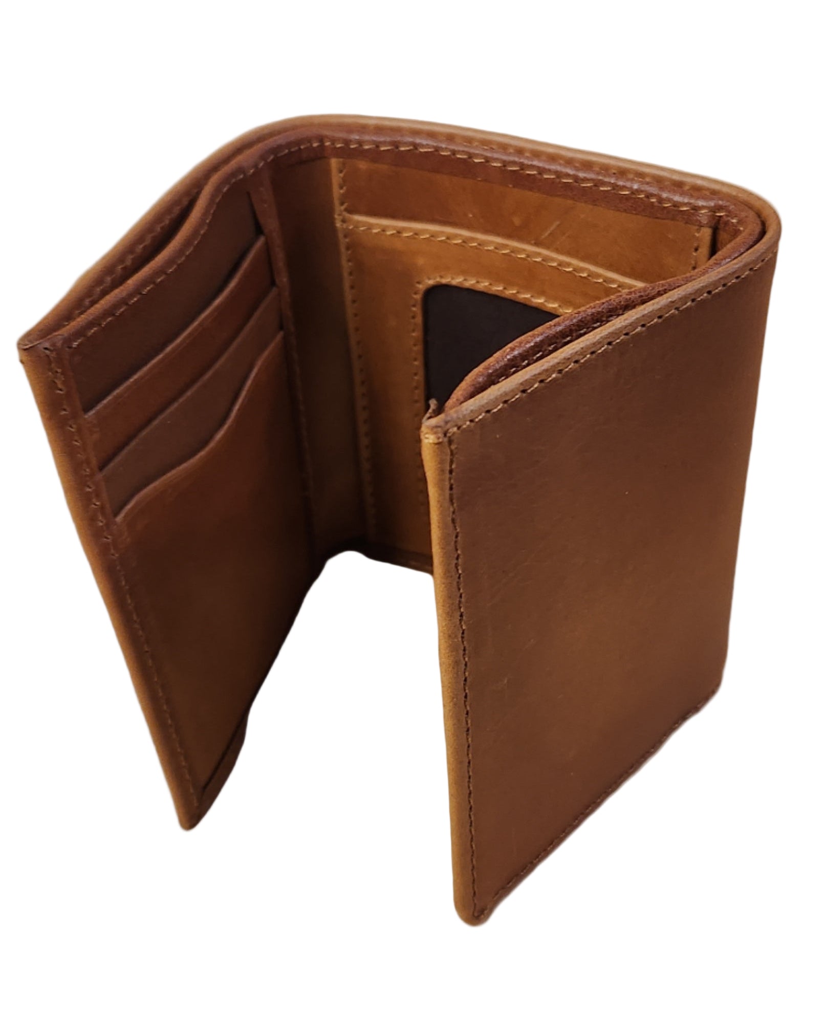Brown leather wallet on a wooden surface