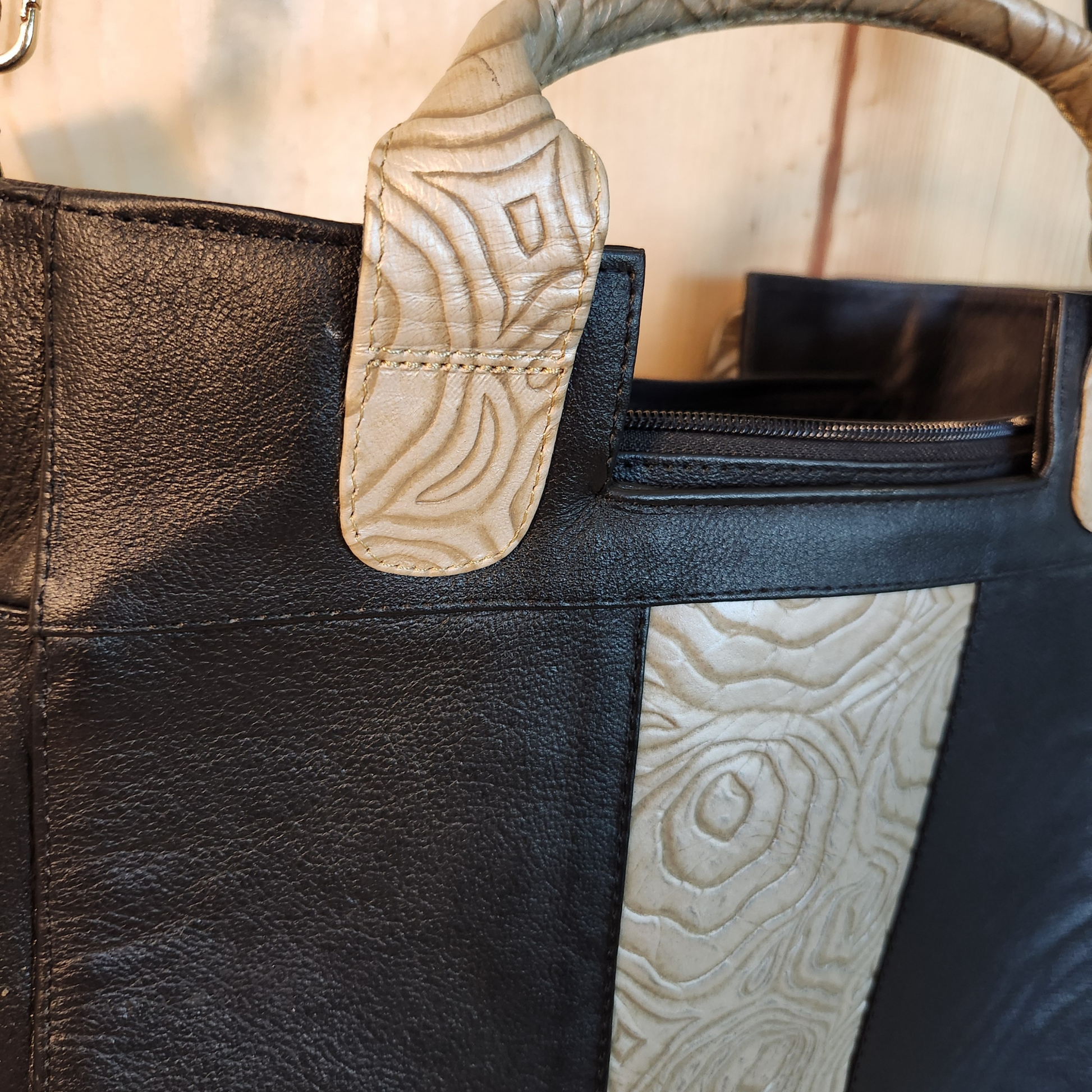 Close up of handle on leather bag