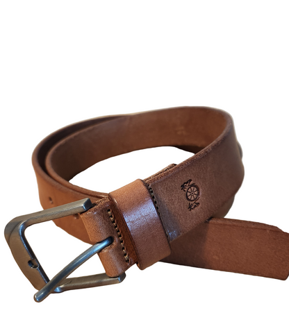 Brown leather belt with a silver buckle on a striped background
