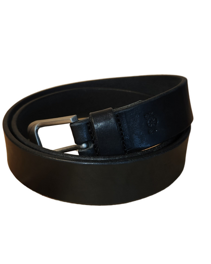Black leather belt with silver buckle