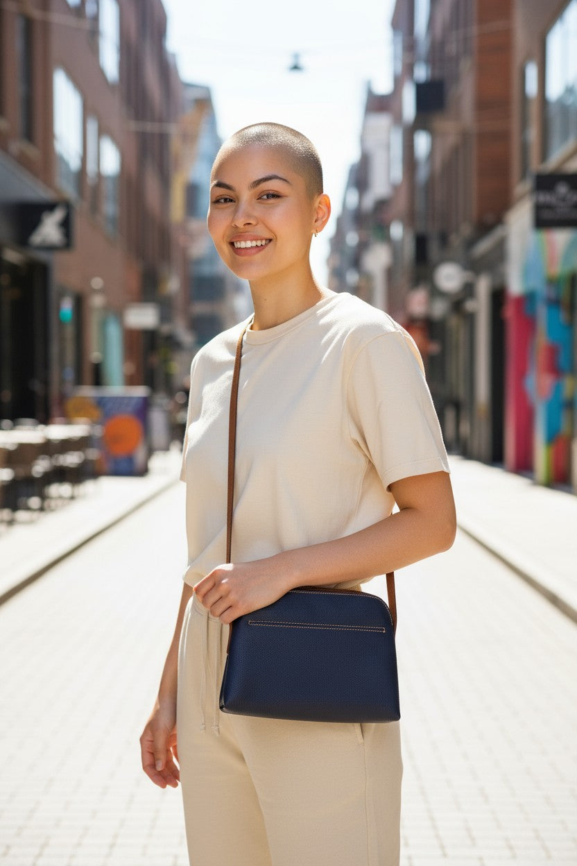 Woman with a shaved head wearing a beige shirt and pants, holding a navy blue bag on a city street.