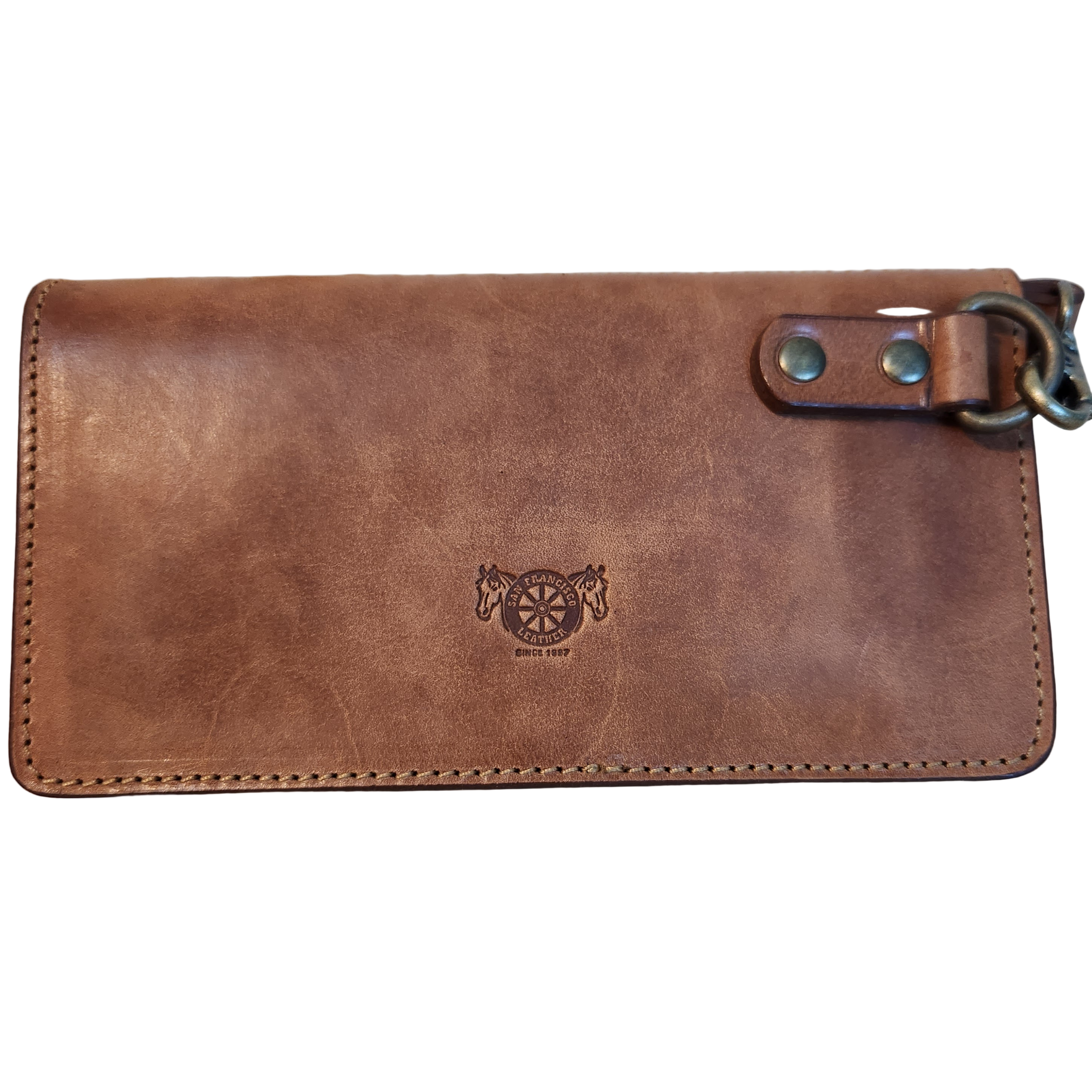 Brown leather wallet with a brand logo 