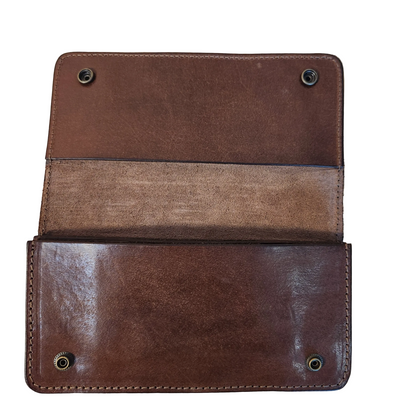 Brown leather wallet on a wooden surface