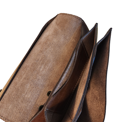 Brown leather wallet on a wooden surface