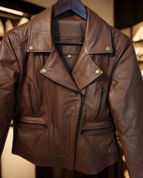 Brown leather jacket on a wooden hanger against a wooden background