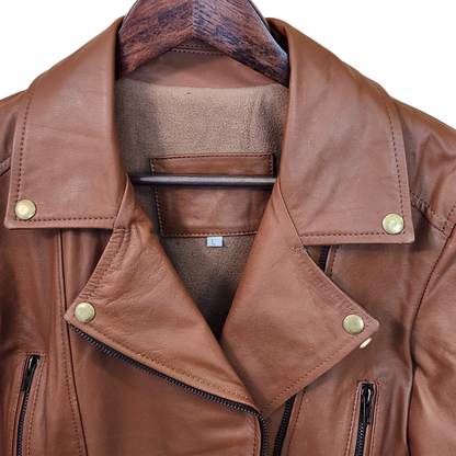 Brown leather jacket on a hanger with visible brand label.