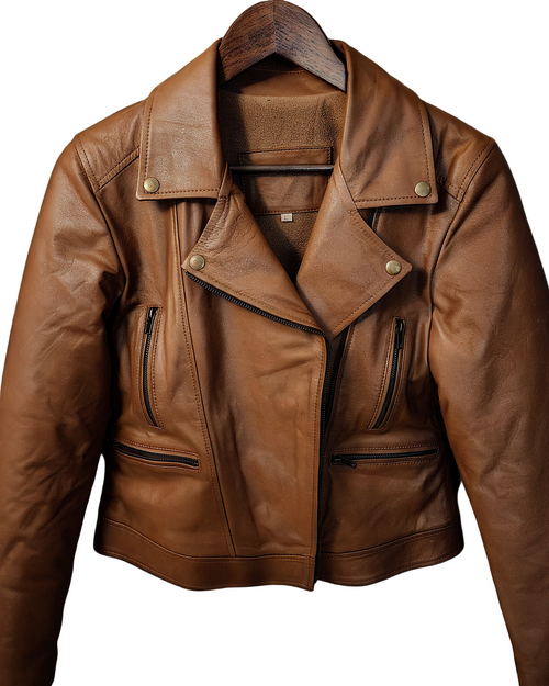Brown leather jacket on a hanger against a wooden background with autumn leaves.