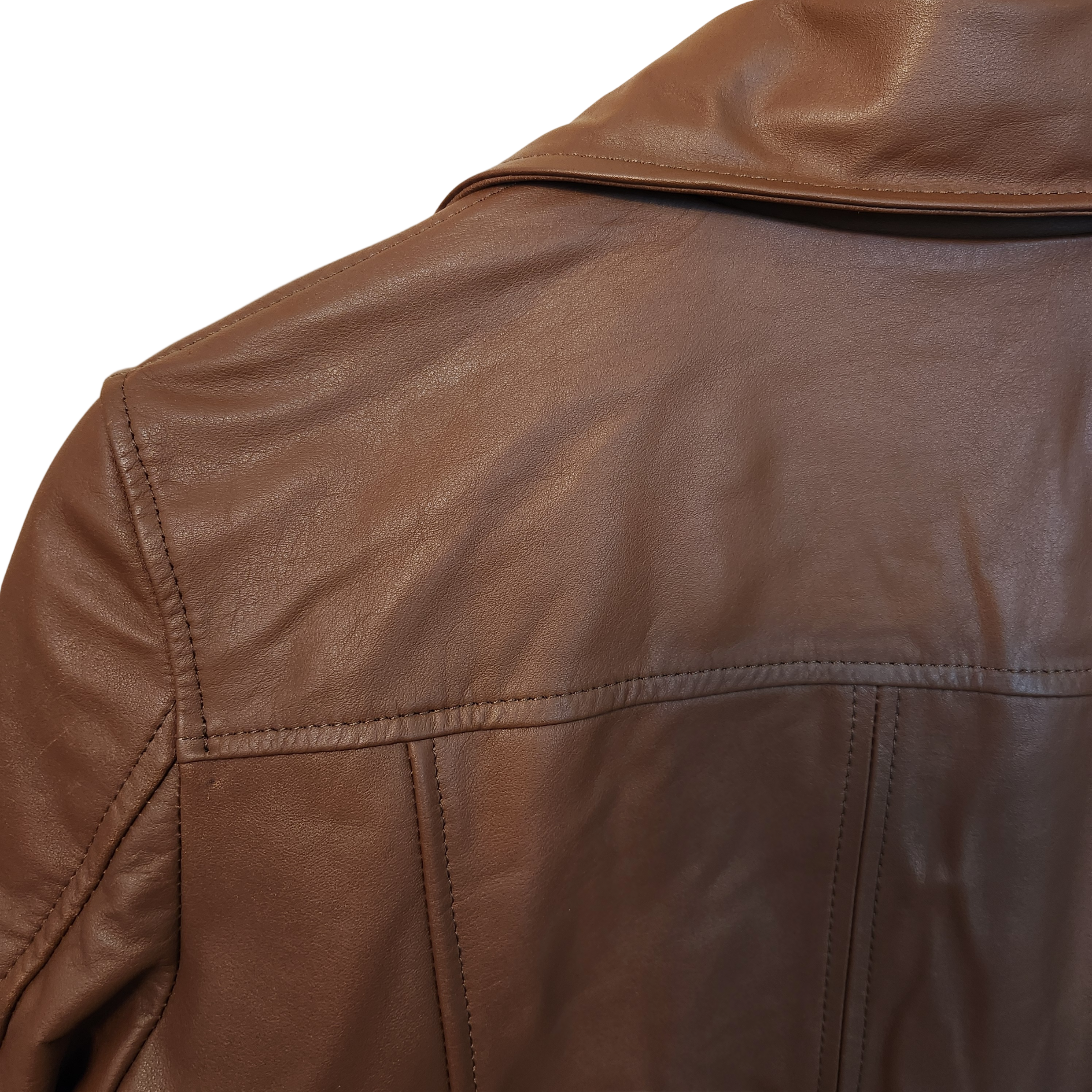 Close-up of a brown leather jacket on a white background