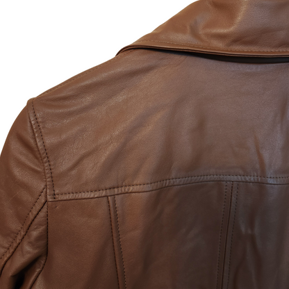 Close-up of a brown leather jacket on a white background