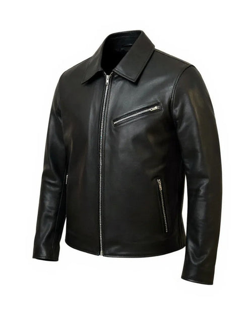 Black leather jacket with zippers on a white background