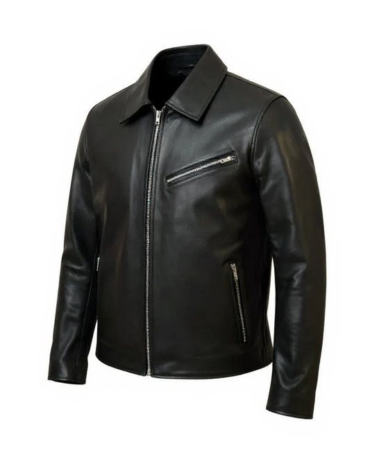 Black leather jacket with zippers on a white background