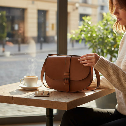 Woman sitting at a cafe table with a brown leather bag and a steaming cup of coffee.