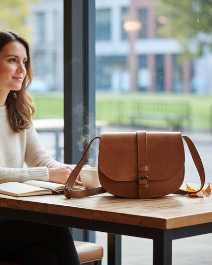 Woman sitting at a table with a brown leather bag next to her