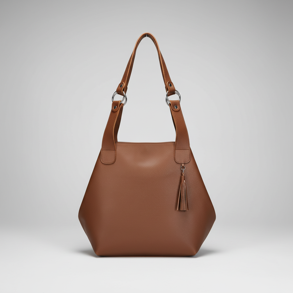 Brown leather handbag with a tassel on a wooden surface