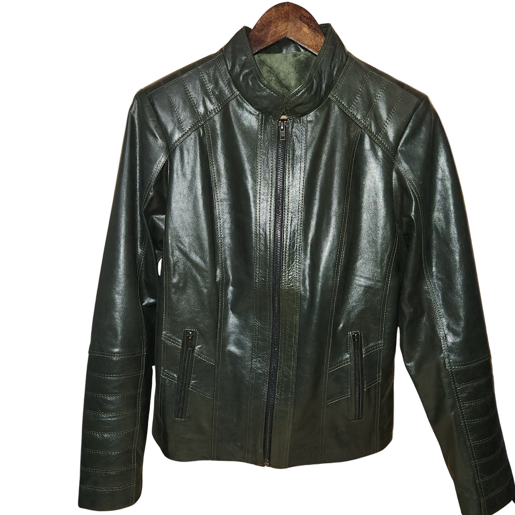 Olive leather jacket on a wooden hanger against a white background