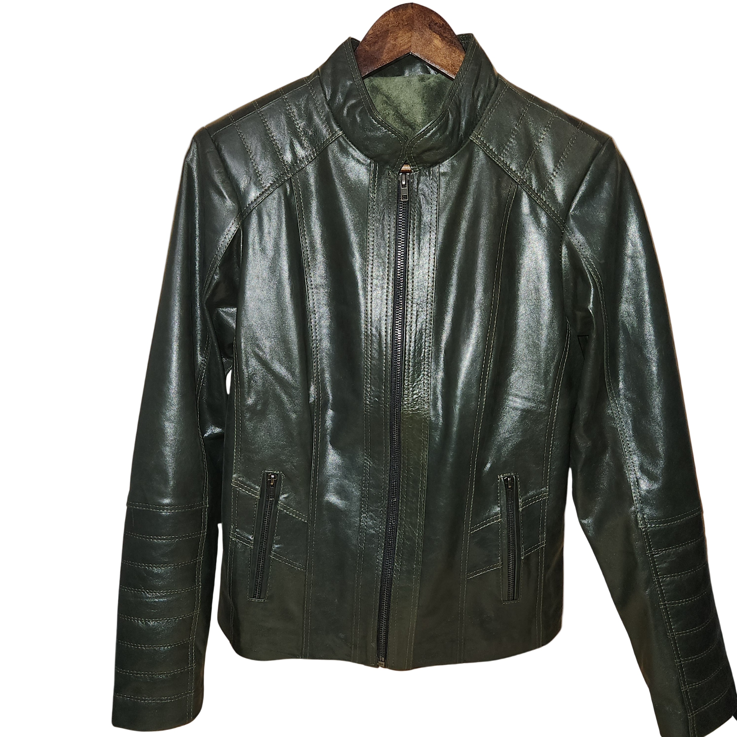 Olive leather jacket on a wooden hanger against a white background