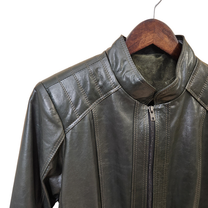 Olive color leather jacket on a wooden hanger against a white background