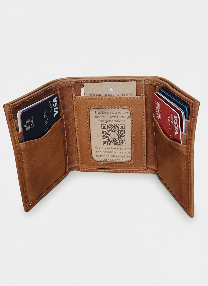 Brown leather wallet with cards and a Visa card on a beige background