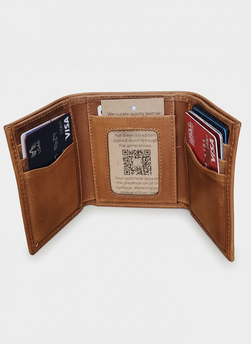 Brown leather wallet with cards and a Visa card on a beige background