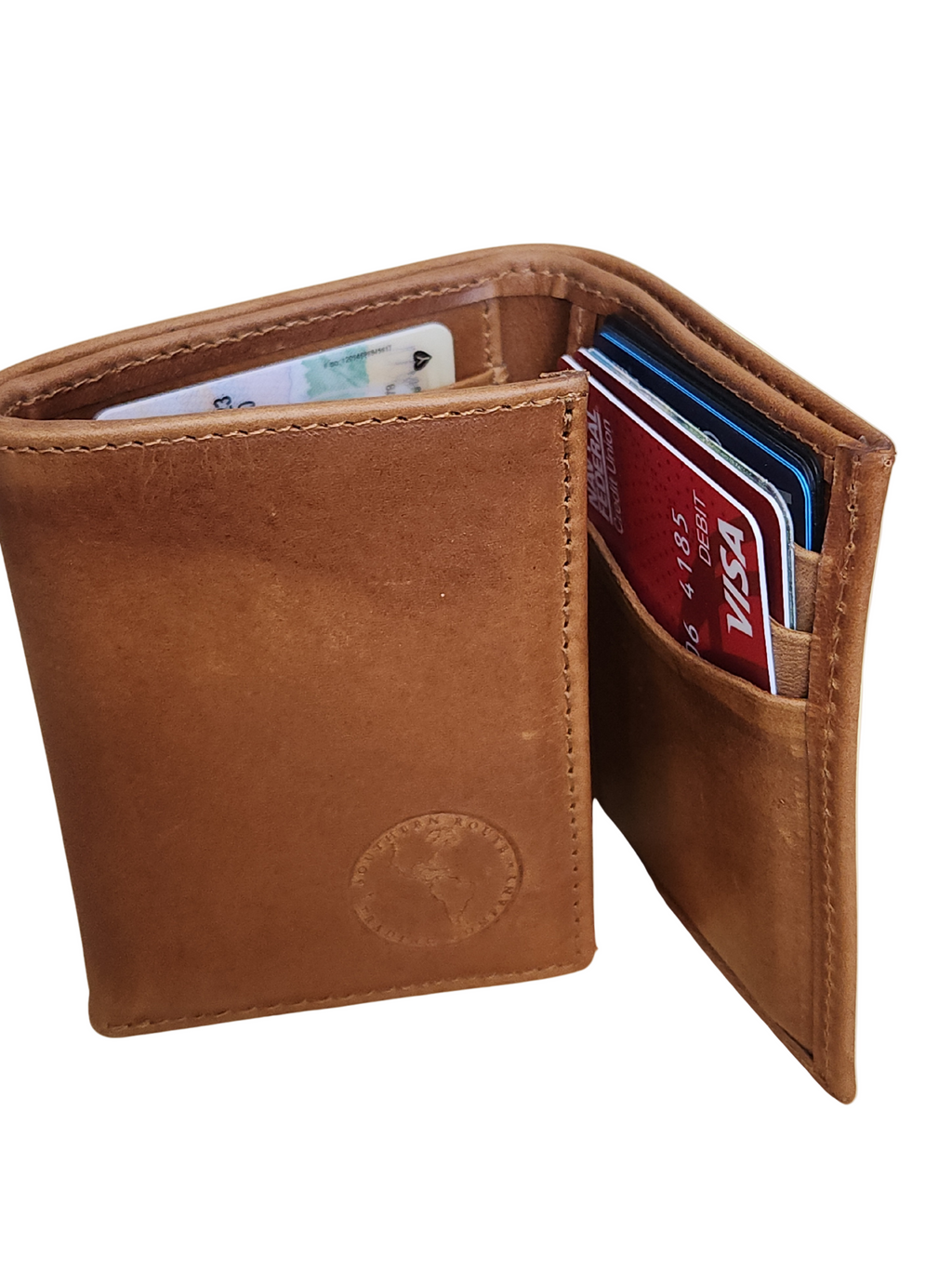 Brown leather wallet with cards on a beige background