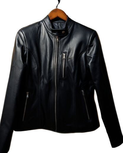Black leather jacket on a wooden hanger against a wooden background