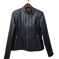 Black leather jacket on a wooden hanger against a white background