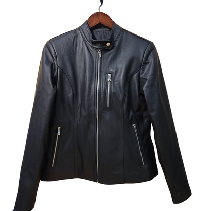 Black leather jacket on a wooden hanger against a white background