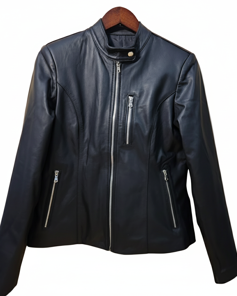 Black leather jacket on a wooden hanger against a white background