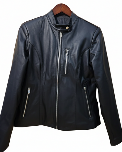 Black leather jacket on a wooden hanger against a white background