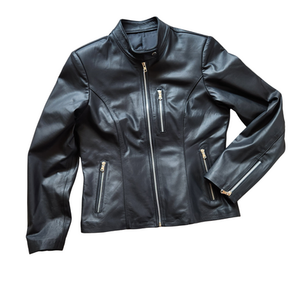 Black leather jacket with gold zipper details on a white background