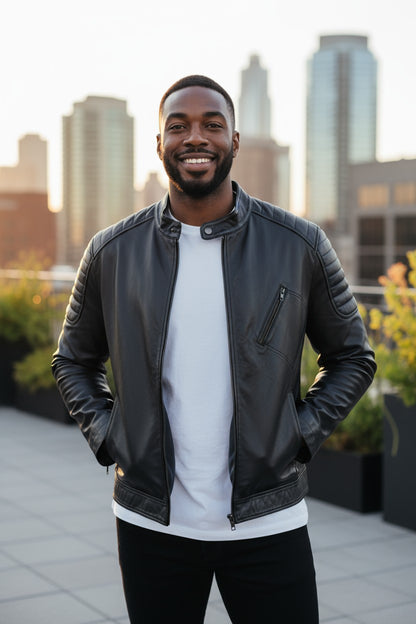 Man wearing a black leather jacket with a city skyline in the background