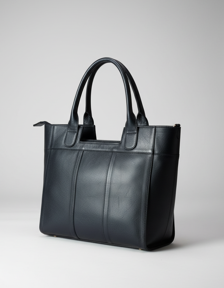 Black leather handbag on a wooden surface with autumn leaves