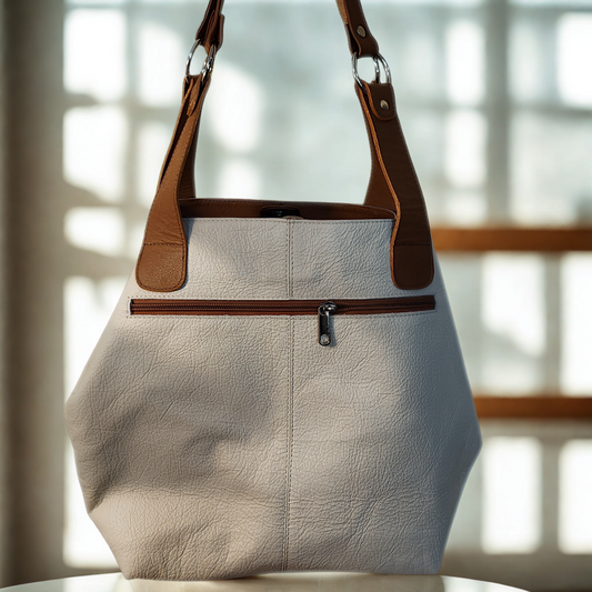 Leather purse, white with brown handles