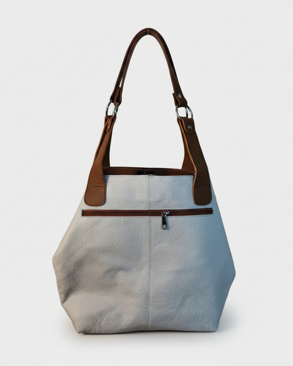 White leather handbag with brown accents