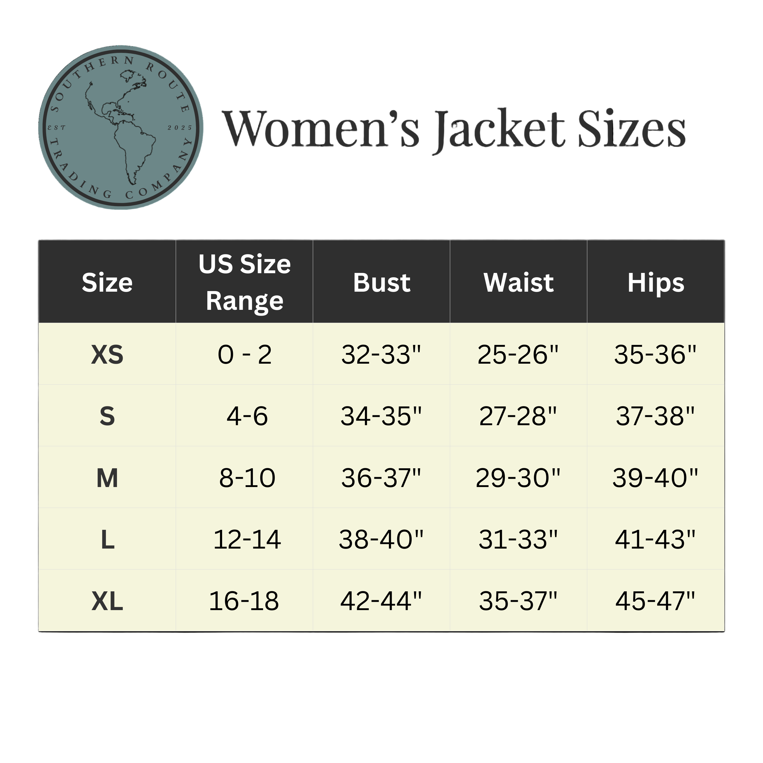 Size chart for women's jackets with Northern Territory Clothing Company logo.