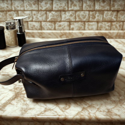 Black leather toiletry bag on counter