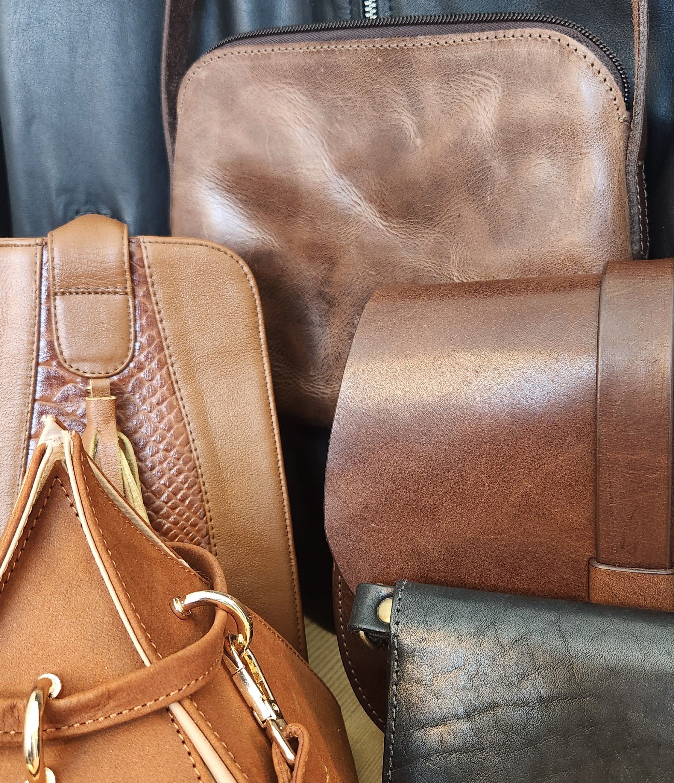 Close-up of a brown leather bag with a textured surface